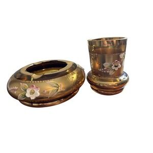 Bohemia Crystal Amber Glass‎ Bowl – Hand Painted Floral Gilded With Glass